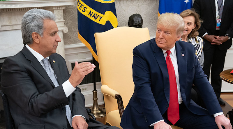 President Donald J. Trump, joined by Vice President Mike Pence, meets with Ecuadorian President Lenin Moreno Garces Wednesday, Feb. 12, 2020, in the Oval Office of the White House. (Official White House Photo by Joyce N. Boghosian)