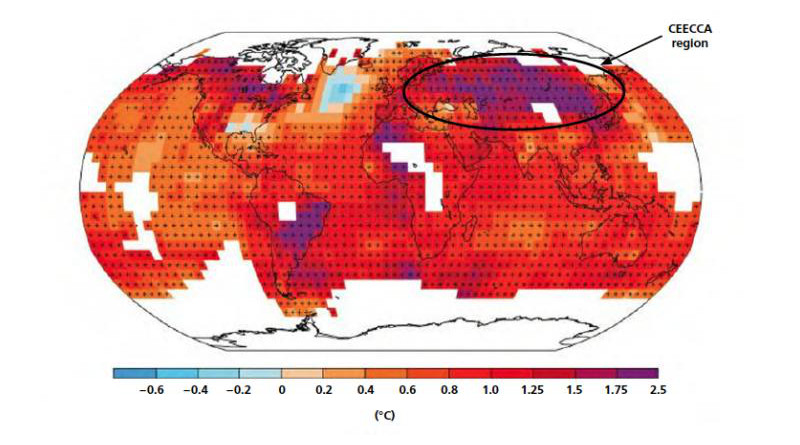 Deep red and deep blue in the CEECCA region indicate warming by 1.0°C to 2.5°C in the last 112 years. CREDIT Source: IPCC AR5, 2014