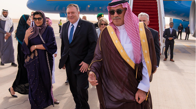 Secretary of State Michael R. Pompeo arrives and is greeted by U.S. Ambassador to Saudi Arabia John Abizaid in Riyadh, Saudi Arabia, on February 19, 2020. [State Department Photo by Ron Przysucha/ Public Domain]
