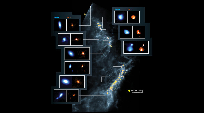 This image shows the Orion Molecular Clouds, the target of the VANDAM survey. Yellow dots are the locations of the observed protostars on a blue background image made by Herschel. Side panels show nine young protostars imaged by ALMA (blue) and the VLA (orange). CREDIT ALMA (ESO/NAOJ/NRAO), J. Tobin; NRAO/AUI/NSF, S. Dagnello; Herschel/ESA