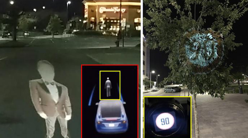 In the Ben-Gurion University of the Negev Research Telsa considers the phantom image (left) as a real person and (right) Mobileye 630 PRO autonomous vehicle system considers the image projected on a tree as a real road sign. CREDIT Cyber@bgu