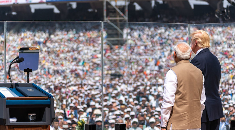 President Donald J. Trump and Indian Prime Minister Narendra Modi stand together on stage before a cheering crowd at the Namaste Trump Rally Monday, Feb. 24, 2020, at the Motera Stadium in Ahmedabad, India. (Official White House Photo by Shealah Craighead)