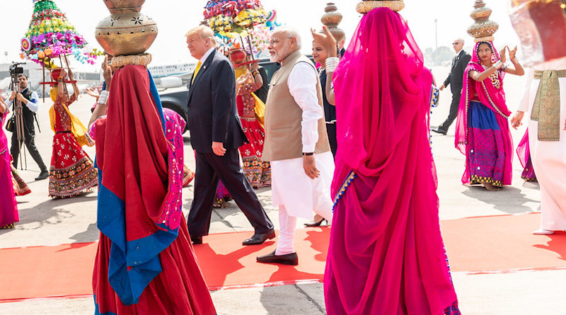 President Donald J. Trump and Indian Prime Minister Narendra Modi walk along a cordon of cultural performers upon President Trump’s arrival Monday, Feb. 24, 2020, to Sardar Vallabhbhai Patel International Airport in Ahmedabad, India. (Official White House Photo by Shea Craighead)