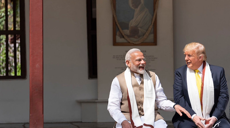 President Donald J. Trump joins Indian Prime Minister Narendra Modi in conversation during their visit to the home of Mohandas Gandhi Monday, Feb. 24, 2020, in Ahmedabad, India. (Official White House Photo by Shealah Craighead)
