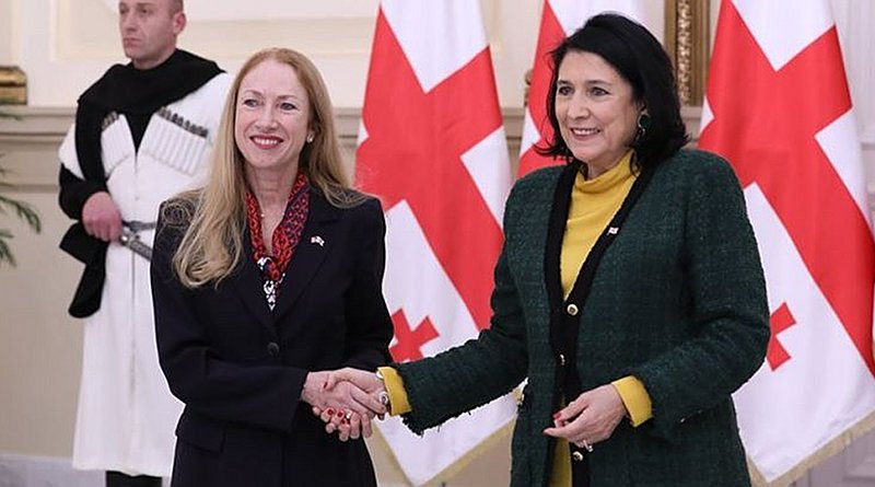 New U.S. Ambassadro to Georgia Kelly Degnan holds hands with Georgian President Salome Zurabishvili, January 31, 2020. Photo: facebook.com/usingeo