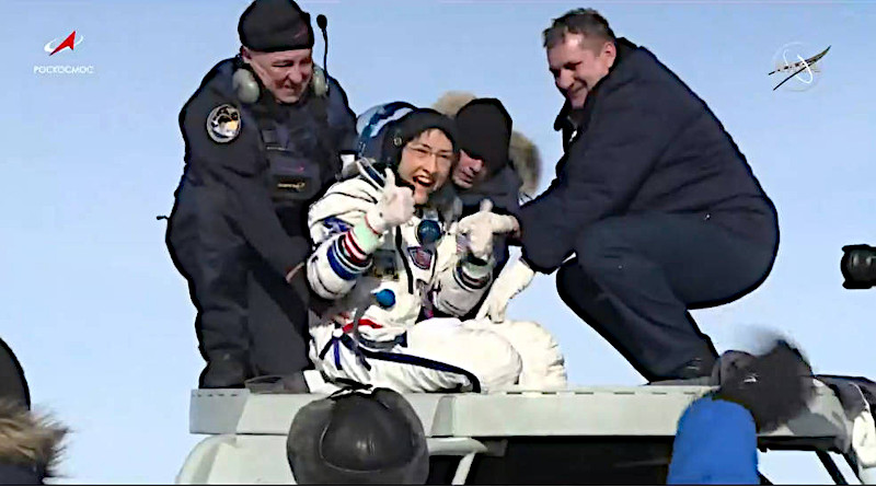 NASA astronaut Christina Koch gives a thumbs-up as she emerges from the Soyuz spacecraft that carried her home Feb. 6, 2020, from a record-setting 328-day mission aboard the International Space Station. She and her Expedition 61 crewmates, Soyuz Commander Alexander Skvortsov of Roscosmos and Luca Parmitano of ESA (European Space Agency), landed at 4:12 a.m. EST in Kazakhstan, southeast of the remote town of Dzhezkazgan. Credits: NASA Television