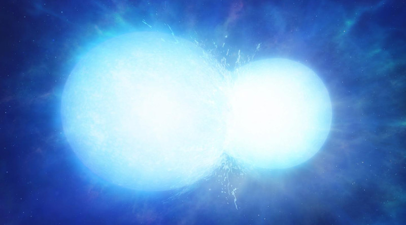 Artist's impression of two white dwarfs in the process of merging. Depending on the combined mass, the system may explode in a thermonuclear supernova, or coalesce into a single heavy white dwarf, as with WDJ0551+4135. CREDIT University of Warwick/Mark Garlick
