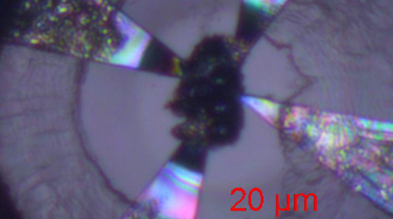 The sample inside the diamond anvil cell connected with four electrodes. CREDIT Science Advances