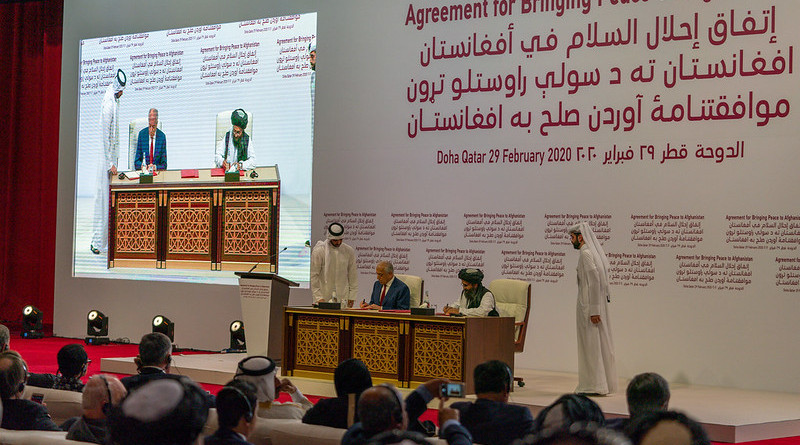 Signing ceremony of Afghan Peace Deal in Doha, Qatar, on February 29, 2020. State Department photo by Ron Przysucha/ Public Domain