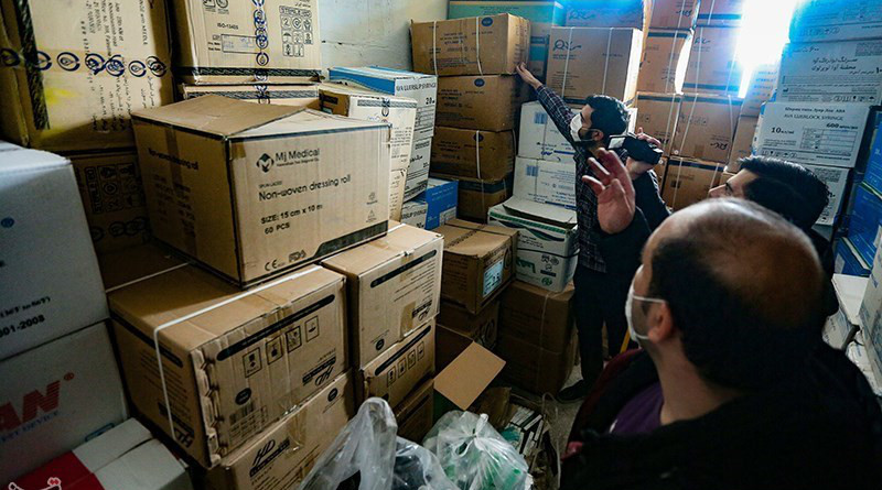 Iran's Islamic Revolution Guards Corps (IRGC) Intelligence Organization confiscate several stockpiles of medical equipment stored by hoarders. Photo Credit: Tasnim News Agency