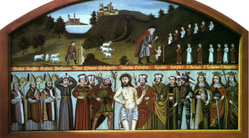 A depiction of the Fourteen Holy Helpers from Bavaria, 19th century, restored by Alois Liebwein. Public domain.