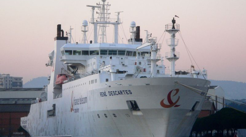 Submarine cables are laid using special cable layer ships, such as the modern René Descartes ship, operated by Orange Marine. Photo Credit: David Monniaux, Wikipedia Commons