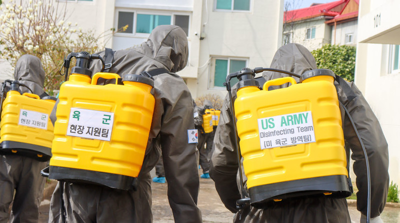 .S. Army and South Korean soldiers disinfect a COVID-19-infected area during a joint disinfecting operation in Daegu, South Korea, March 13, 2020. Photo Credit: Army Spc. Hayden Hallman