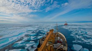 Crew of U.S. Coast Guard Cutter Maple follows Canadian Coast Guard Icebreaker Terry Fox through icy waters of Franklin Strait, in Nunavut Canada, August 11, 2017 (U.S. Coast Guard/Nate Littlejohn)