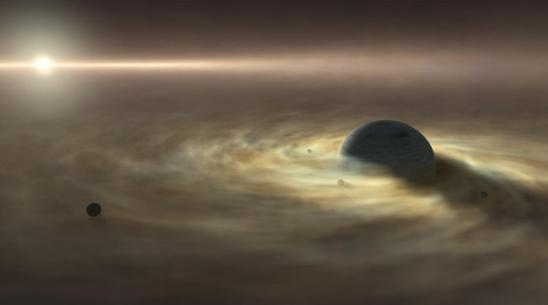 An artist's impression of a satellite forming around a giant gas planet which is itself still forming around a star. CREDIT Nagoya University