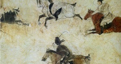 "Polo players at their game", detail on the west wall of a tomb pathway of Prince Zhang Huai's tomb, interred in 706 AD during the Tang Dynasty of China. The tomb is part of the larger Qianling Mausoleum near modern-day Xi'an (formerly Chang'an, the Tang capital). Source: Tang Li Xian Mu Bi Hua (1974), pl 15., Wikimedia Commons
