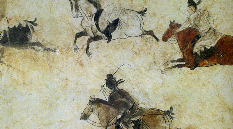 "Polo players at their game", detail on the west wall of a tomb pathway of Prince Zhang Huai's tomb, interred in 706 AD during the Tang Dynasty of China. The tomb is part of the larger Qianling Mausoleum near modern-day Xi'an (formerly Chang'an, the Tang capital). Source: Tang Li Xian Mu Bi Hua (1974), pl 15., Wikimedia Commons