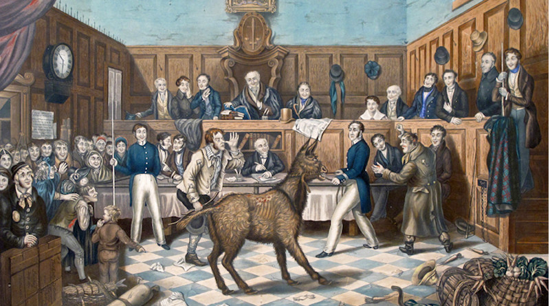 A painting of the trial of Bill Burns, the world's first known conviction for animal cruelty under the 1822 Martin's Act, after Burns was found beating his donkey. Credit: Painting by P. Mathews, Wikipedia Commons