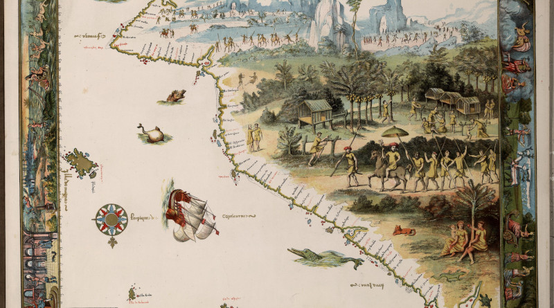 Detail of Jave la Grande's east coast: from Nicholas Vallard atlas, 1547. This is part of an 1856 copy of one of the Dieppe Maps. Copy held by the National Library of Australia. Credit: Wikipedia Commons