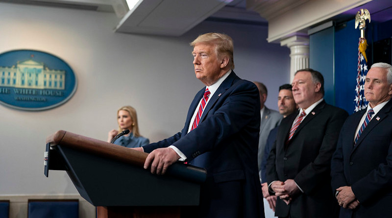 President Donald J. Trump, joined by Vice President Mike Pence and members of the White House Coronavirus Task Force, delivers remarks at a coronavirus (COVID-19) press briefing Friday, March 20, 2020, in the James S. Brady Press Briefing Room of the White House. (Official White House Photo by Shealah Craighead)