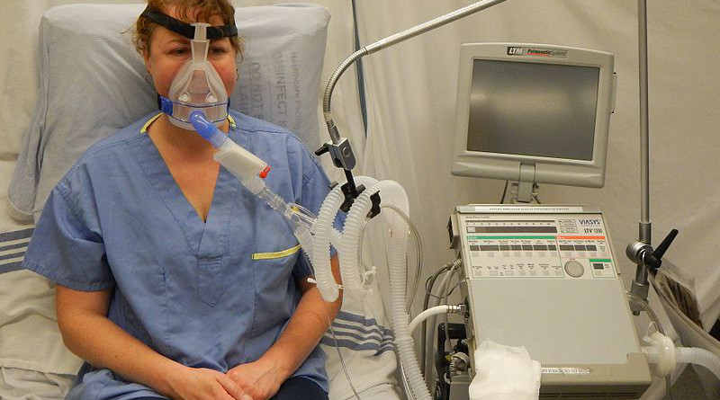 The setup for non-invasive ventilation using a mechanical ventilator. Modern devices are often much smaller. Photo Credit: James Heilman, MD, Wikipedia Commons