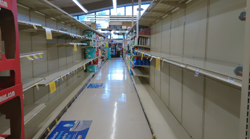 Empty shelves at a San Francisco grocery store after panic buying during Coronavirus pandemic. Photo Credit: Pkwzimm, Wikipedia Commons