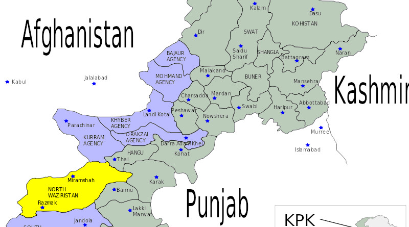 District of North Waziristan (in yellow) in Bannu Division of Khyber Pakhtunkhwa province in Pakistan. Credit: Wikipedia Commons