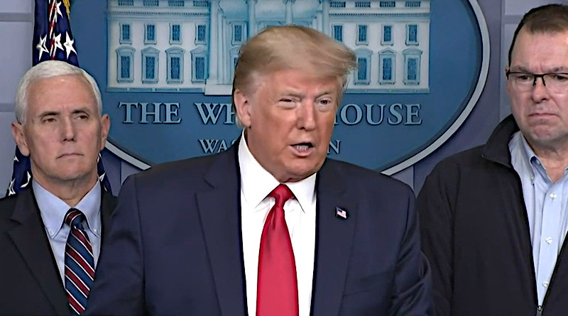 President Donald J. Trump, flanked on his right by Vice President Mike Pence, and to his left by FEMA Administrator Peter Gaynor. Photo Credit: Screenshot White House video