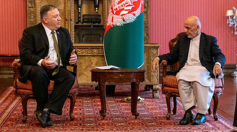 U.S. Secretary of State Michael R. Pompeo meets with Afghan President Ashraf Ghani at the U.S. Embassy in Kabul, Afghanistan on March 23, 2020. [State Department Photo by Ronny Przysucha / Public Domain]