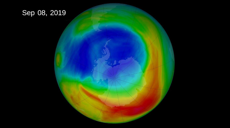 The 2019 ozone hole reached a peak extent of 6.3 million square miles on September 8, 2019, the lowest maximum observed in decades. This NASA visualization depicts ozone concentrations in Dobson Units, the standard measure for stratospheric ozone. CREDIT NASA