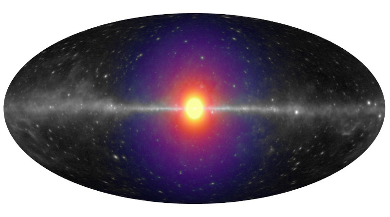 In this composite image, theorized particles of decaying dark matter should produce a spherical halo of X-ray emission - represented here as colorized matter concentrated around the center of the Milky Way (in black and white) - that could be detectable when looking in otherwise blank regions of the galaxy. CREDIT Zosia Rostomian and Nicholas Rodd/Berkeley Lab; and Christopher Dessert and Benjamin Safdi/University of Michigan