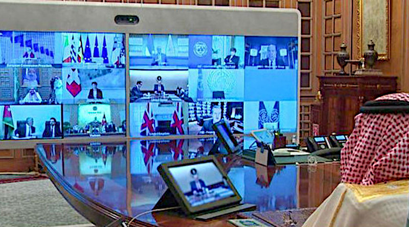 Saudi Arabia's King Salman presides over an extraordinary meeting of G20 leaders where all delegates put social distancing to the extreme in a virtual conference, with all delegates dialing in from around the world. (SPA)