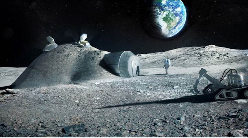 Future moon bases could be built with 3D printers that mix materials such as moon regolith, water and astronauts’ urine / ESA, Foster and Partners
