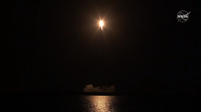 A SpaceX Dragon cargo spacecraft launches on a Falcon 9 rocket from Space Launch Complex 40 at Cape Canaveral Air Force Station in Florida at 11:50 p.m. EST March 6, 2020. Dragon will deliver more than 4,300 pounds of NASA cargo and science investigations to the International Space Station, including a new science facility scheduled to be installed to the outside of the station during a spacewalk this spring. Credits: NASA Television