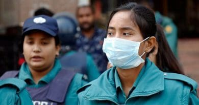 A Bangladeshi policewoman in Dhaka wears a mask to guard against the novel coronavirus. Photo Credit: BenarNews