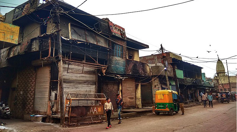 Burnt shops at Shiv Vihar during Delhi, India 2020 riots. Photo Credit: Banswalhemant, Wikipedia Commons