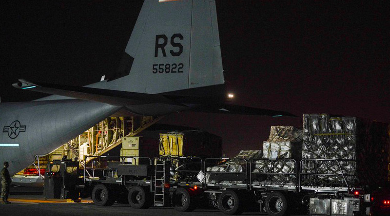 A C-130 Hercules stationed from Ramstein Air Base, Germany, delivers pallets of medical equipment to Aviano Air Base, Italy, March 20, 2020. Photo Credit: DOD
