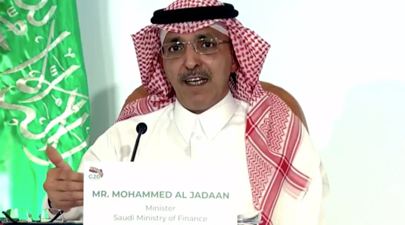 Saudi Arabia's finance minister Mohammed Al-Jadaan chairs G20 meeting. (Screengrab)