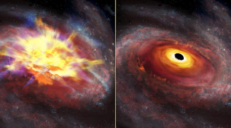 The image at left shows an artist's conception of the central portion of the galaxy that hosts the quasar SDSS J135246.37+423923.5 viewed at optical wavelengths. Thick winds obscure our view, and imprint signatures of the energetic outflow on the SDSS spectrum. The image at right shows the same artist's view at infrared wavelengths, as seen by the Gemini GNIRS detector. The thick outflow is transparent at infrared wavelengths, giving us a clear line of sight to the quasar. The infrared spectrum yields the quasar redshift, and from that reference frame, we measured the record-breaking outflow velocity. CREDIT International Gemini Observatory/NOIRLab/NSF/AURA/P. Marenfeld