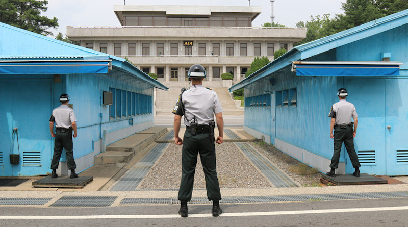 Republic of Korea army soldiers stand resolute at Joint Security Area where South and North Korean soldiers stand face-to-face across Korean Demilitarized Zone, Panmunjom, South Korea, June 19, 2018 (U.S. Army/Richard Colletta)