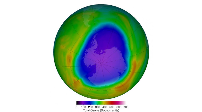 The Antarctic ozone hole that occurs annually in September and October during the Southern Hemisphere spring typically sees much lower ozone levels in than the Arctic. The purples and deep blues show the extent of low ozone levels on Oct. 12, 2018, when they dropped to 104 Dobson units. CREDIT Credits: NASA's Goddard Space Flight Center