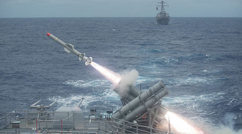 A Harpoon missile is launched from the Ticonderoga-class guided-missile cruiser USS Shiloh (CG 67) during a live-fire exercise. Shiloh is on patrol with the George Washington Carrier Strike Group supporting security and stability in the Indo-Asia-Pacific region. (U.S. Navy photo by Mass Communication Specialist 3rd Class Kevin V. Cunningham/Released)