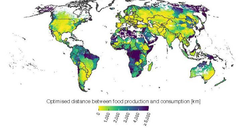Optimized distance between food production and consumption graphic. CREDIT Aalto University