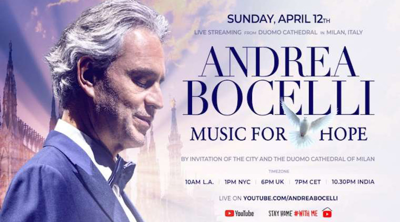 Andrea Bocelli's "Music for Hope" performance will take place Easter Sunday from Milan. Courtesy photo.