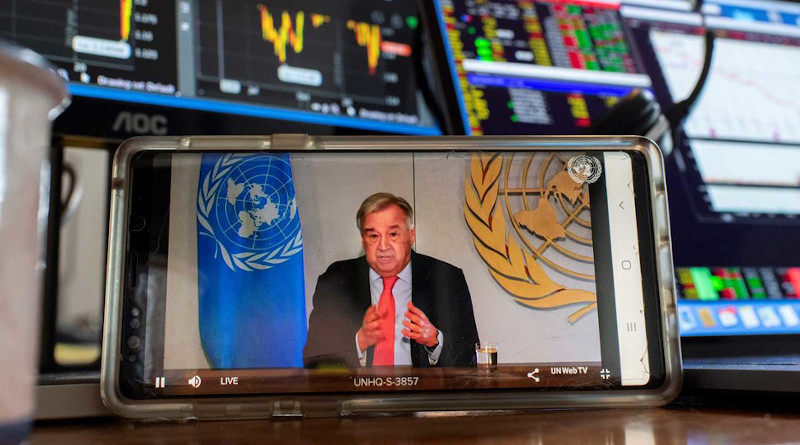 UN Secretary-General António Guterres briefs the media on the socio-economic impacts of the COVID-19 pandemic. UN Photo/Mark Garten
