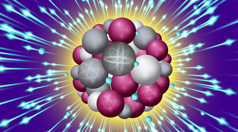 An intense X-ray pulse scatters off a sucrose cluster (red, white, and gray spheres are oxygen, carbon and hydrogen atoms, respectively) resulting in ejected electrons (blue spheres) and structural deformation. CREDIT Stacy Huang