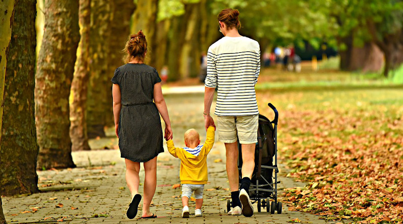 stroller Woman Man Child Couple Parent Family Three