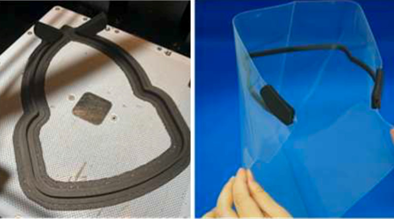Producing a frame with a 3D printer (left) and shield equipped with a clear plastic file (right).