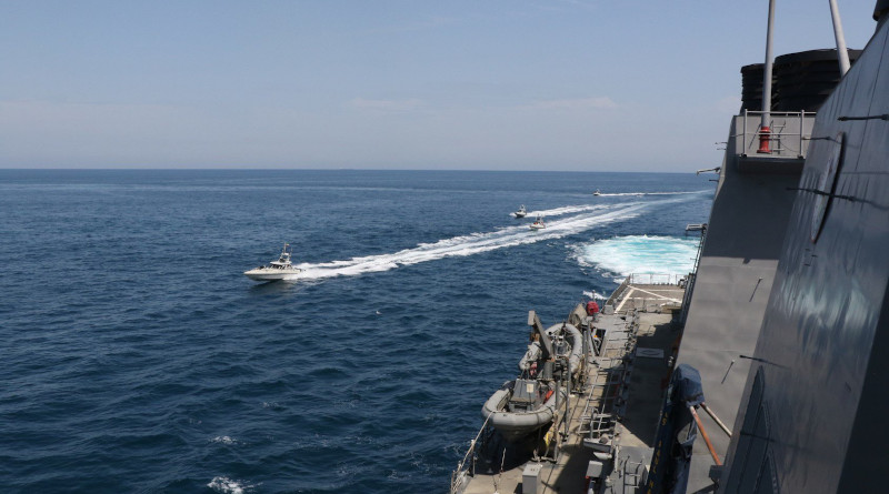 Iranian Islamic Revolutionary Guard Corps Navy (IRGCN) vessels conducted unsafe and unprofessional actions against U.S. Military ships by crossing the ships’ bows and sterns at close range while operating in international waters of the North Arabian Gulf. The guided-missile destroyer USS Paul Hamilton (DDG 60) is conducting joint interoperability operations in support of maritime security in the U.S. 5th Fleet area of operations. US Navy photo.