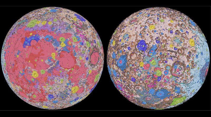 New Unified Geologic Map of the Moon with shaded topography from the Lunar Orbiter Laser Altimeter (LOLA). This geologic map is a synthesis of six Apollo-era regional geologic maps, updated based on data from recent satellite missions. It will serve as a reference for lunar science and future human missions to the Moon. CREDIT NASA/GSFC/USGS